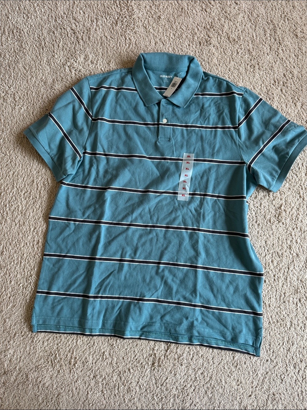 Old Navy Teal Polo with White and Navy Stripes